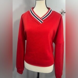 Primark Women Soft V Neck Sweatshirt Crop Red Long Sleeves Pullover Size S